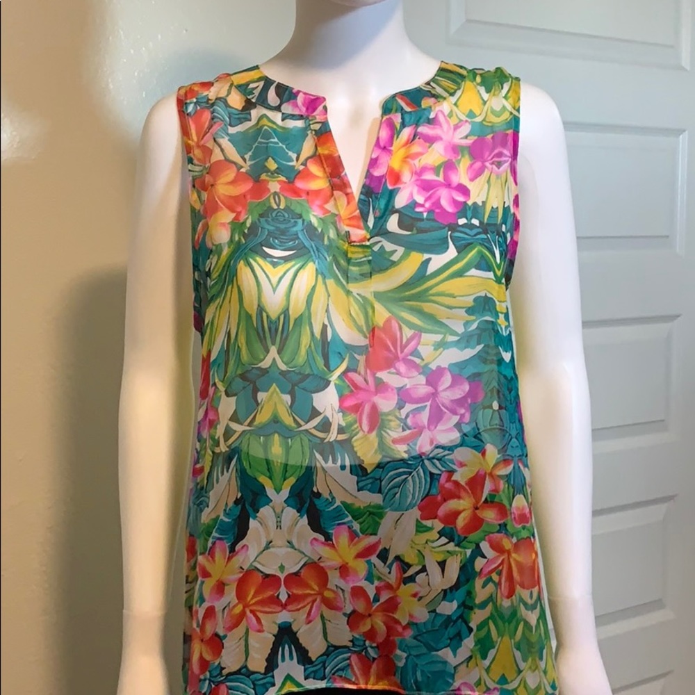 Sheer High-Low Sleeveless Floral Blouse